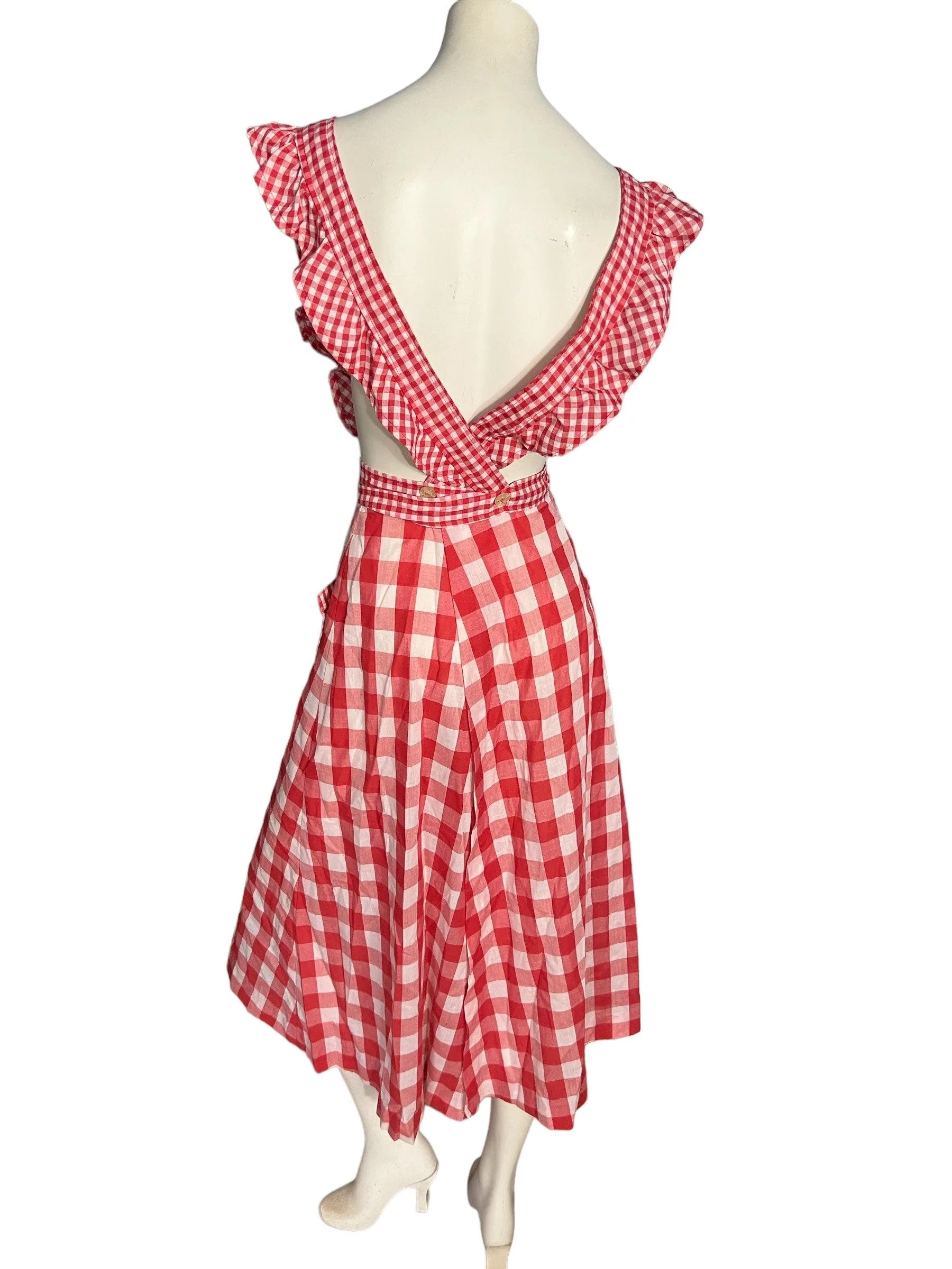 Vintage 70's red check pinafore wrap dress S XS