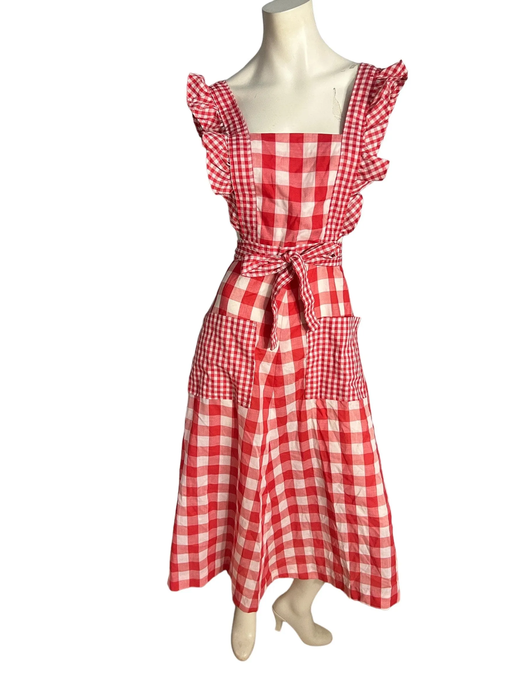 Vintage 70's red check pinafore wrap dress S XS