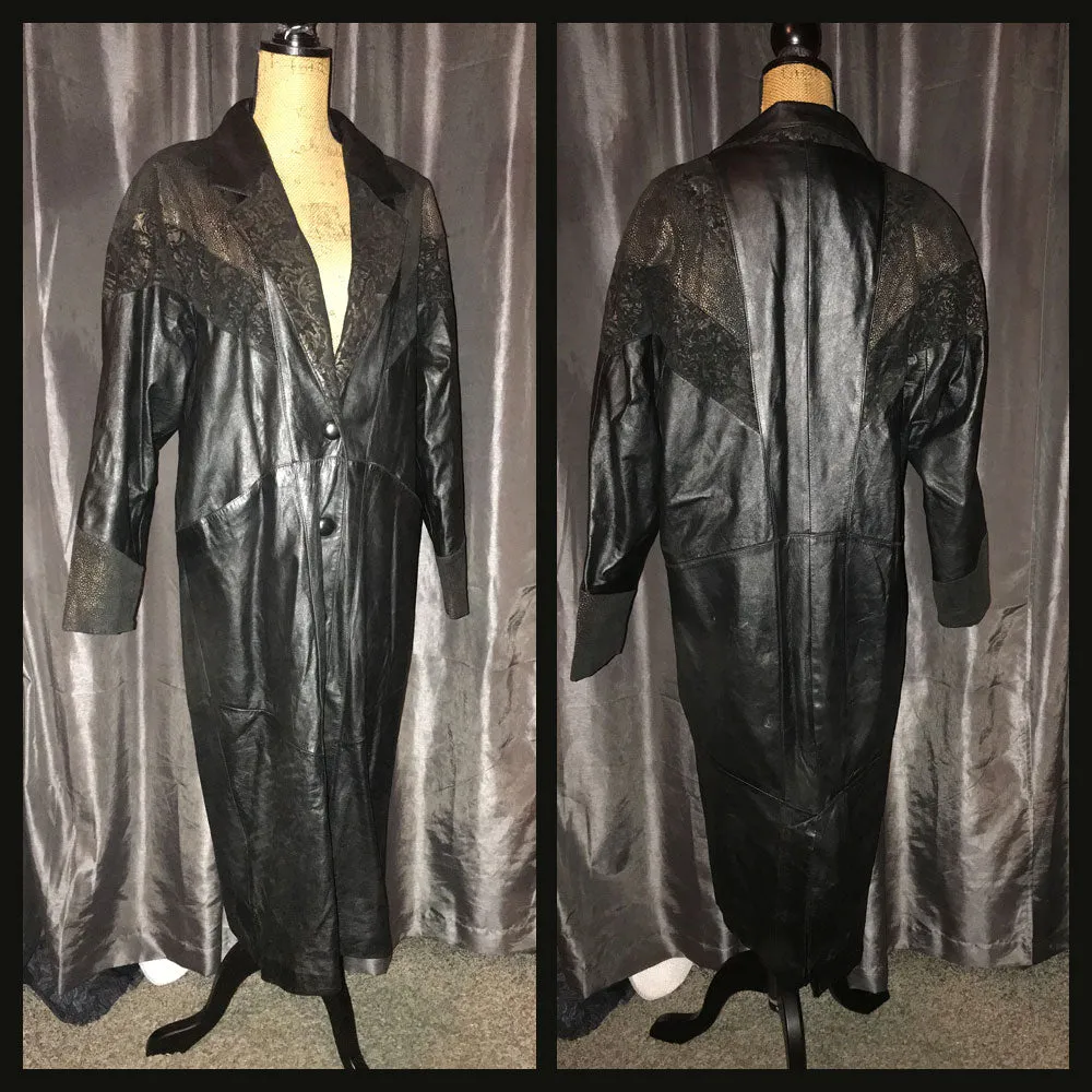 Vintage 80's Leather Gold Deco Trench Coat 44B M Medium