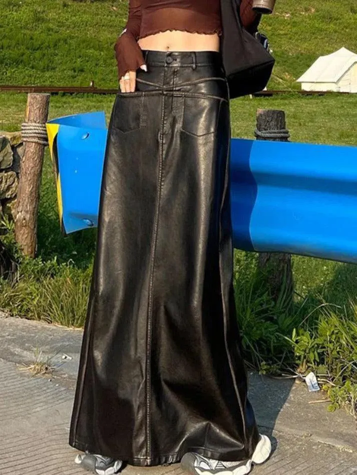 Vintage Leather Multi Pocket Maxi Skirt