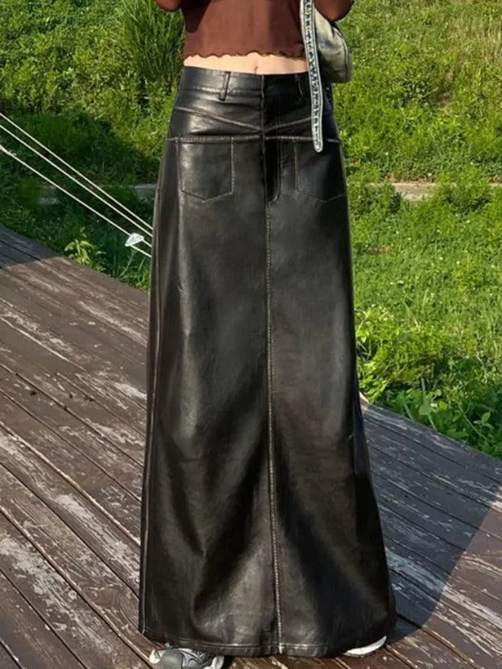 Vintage Leather Multi Pocket Maxi Skirt