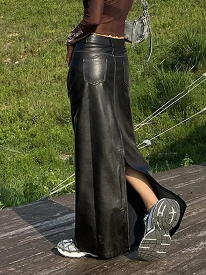 Vintage Leather Multi Pocket Maxi Skirt