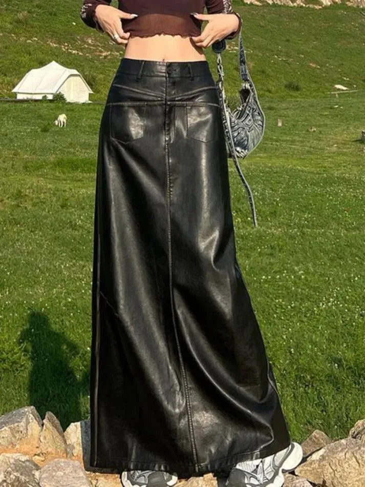 Vintage Leather Multi Pocket Maxi Skirt