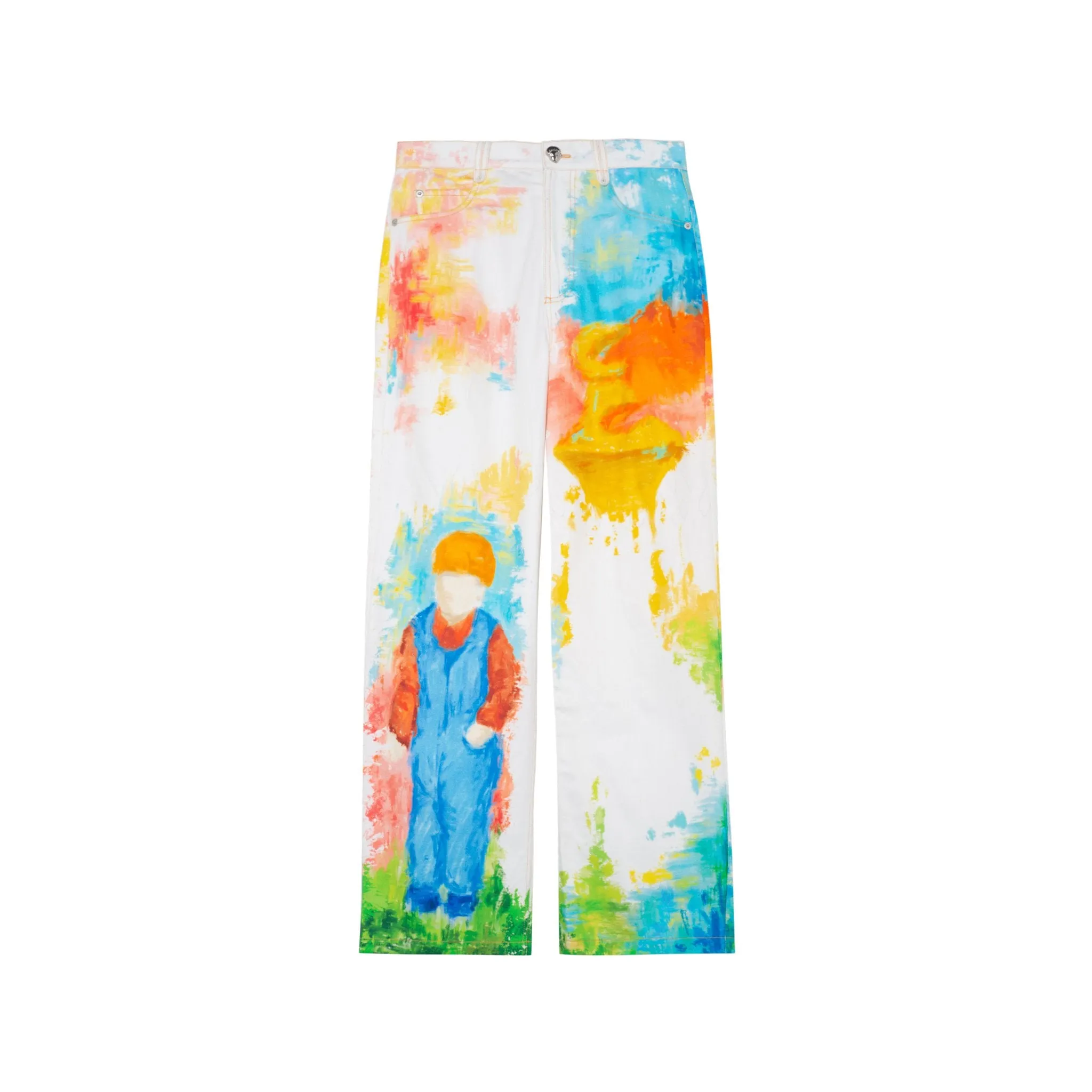 Watercolor Illustration Printed Denim Trousers In White