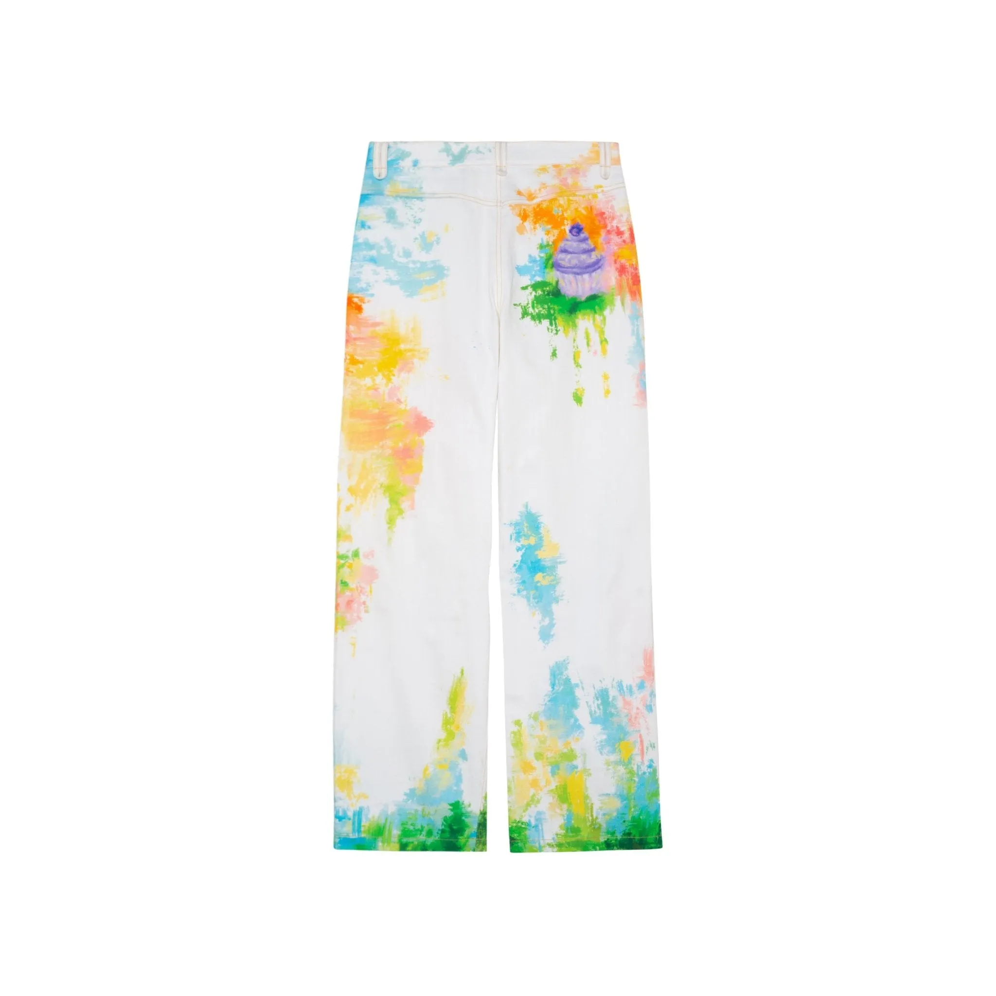 Watercolor Illustration Printed Denim Trousers In White