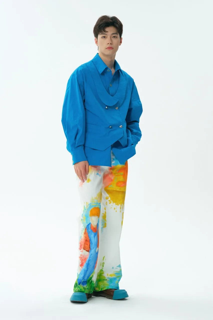 Watercolor Illustration Printed Denim Trousers In White