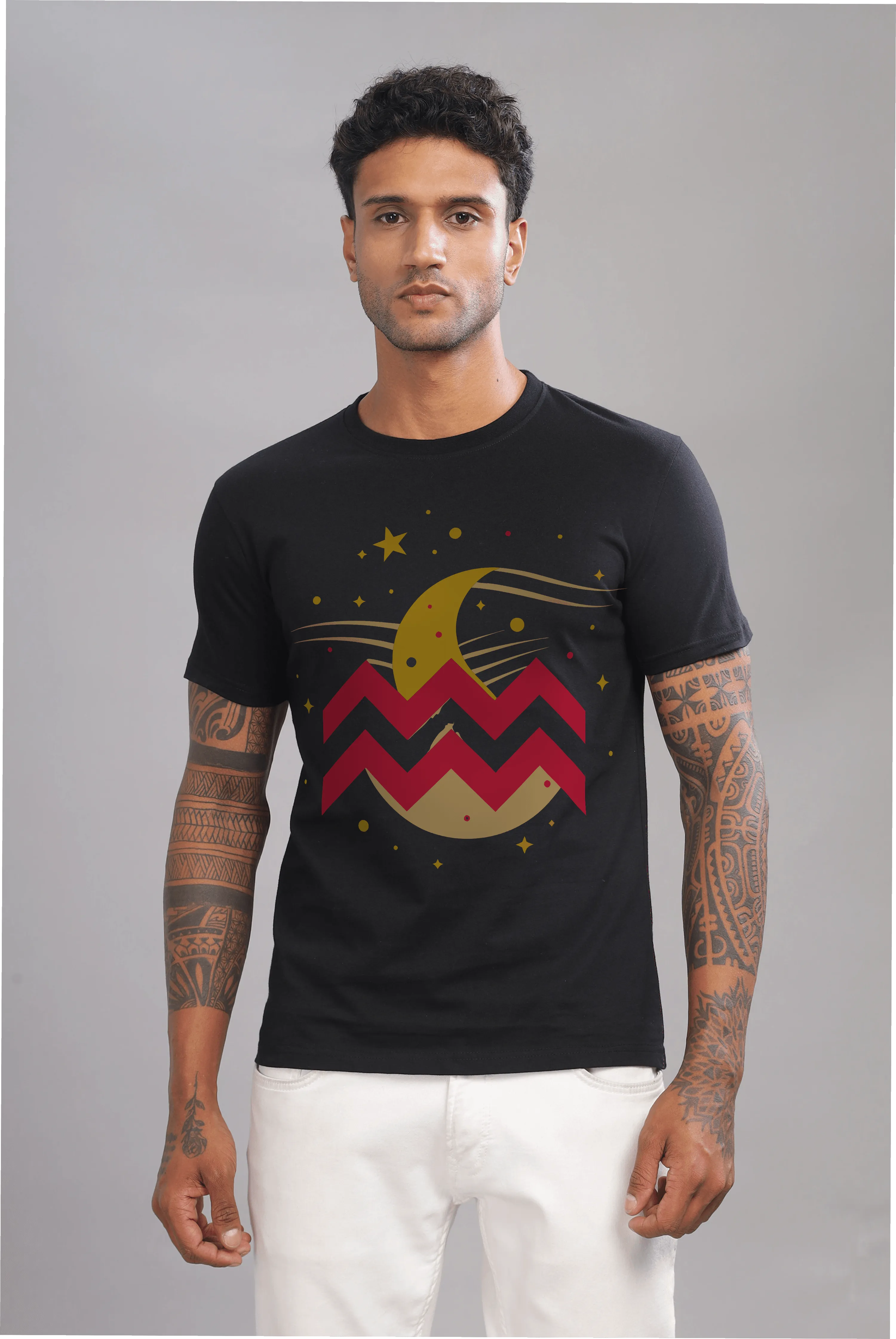 Waves of Aquarius Black Half Sleeve Printed Round Neck T-Shirt