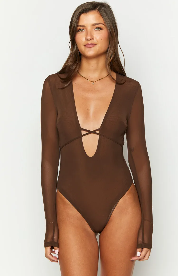 Whimsi Brown Mesh Long Sleeve Bodysuit