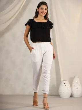 White Soild Cotton Flex Pants With Lace Work