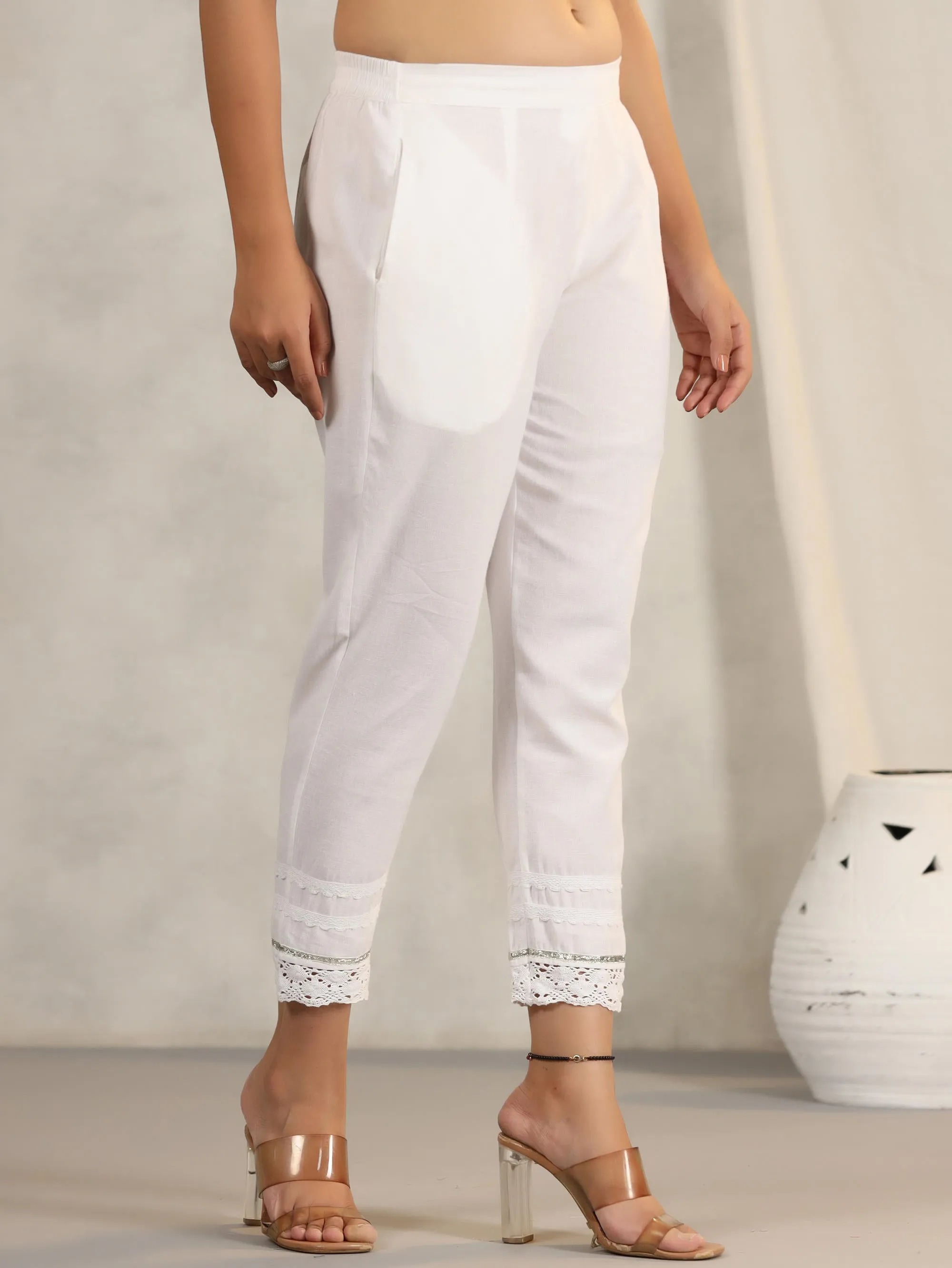 White Soild Cotton Flex Pants With Lace Work