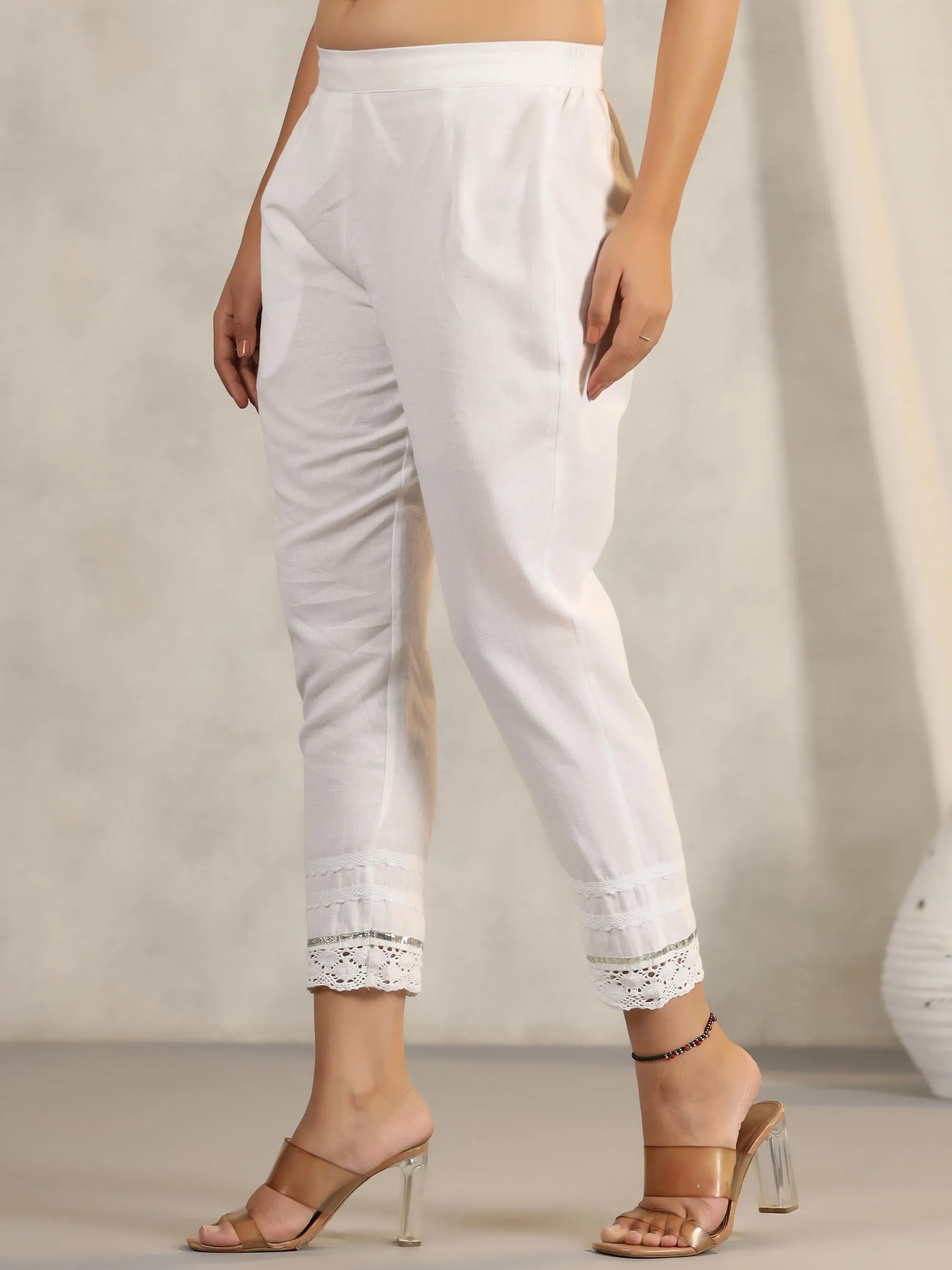 White Soild Cotton Flex Pants With Lace Work