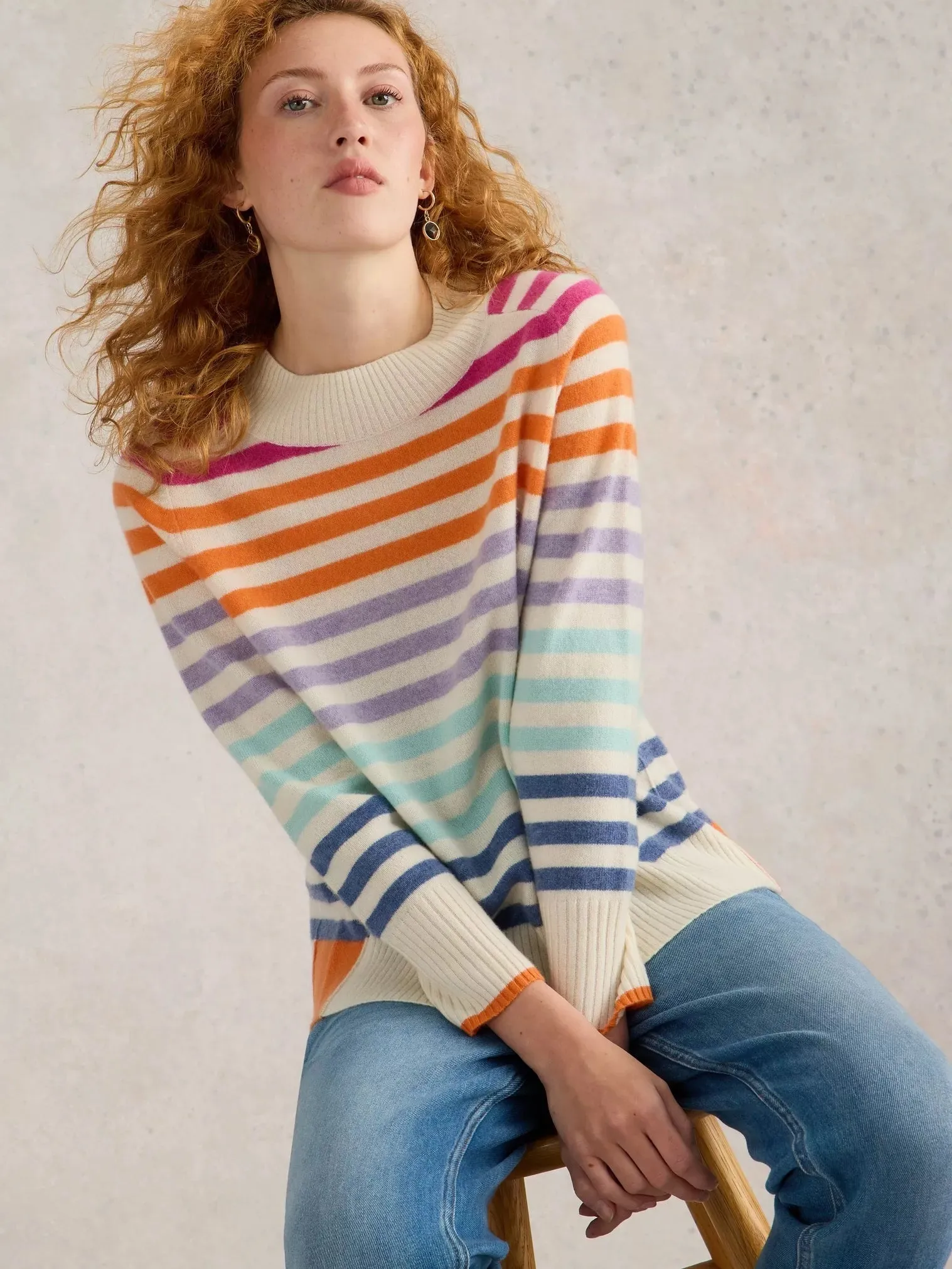 White Stuff Rainbow Stripe Cashmere Knit Jumper Nat