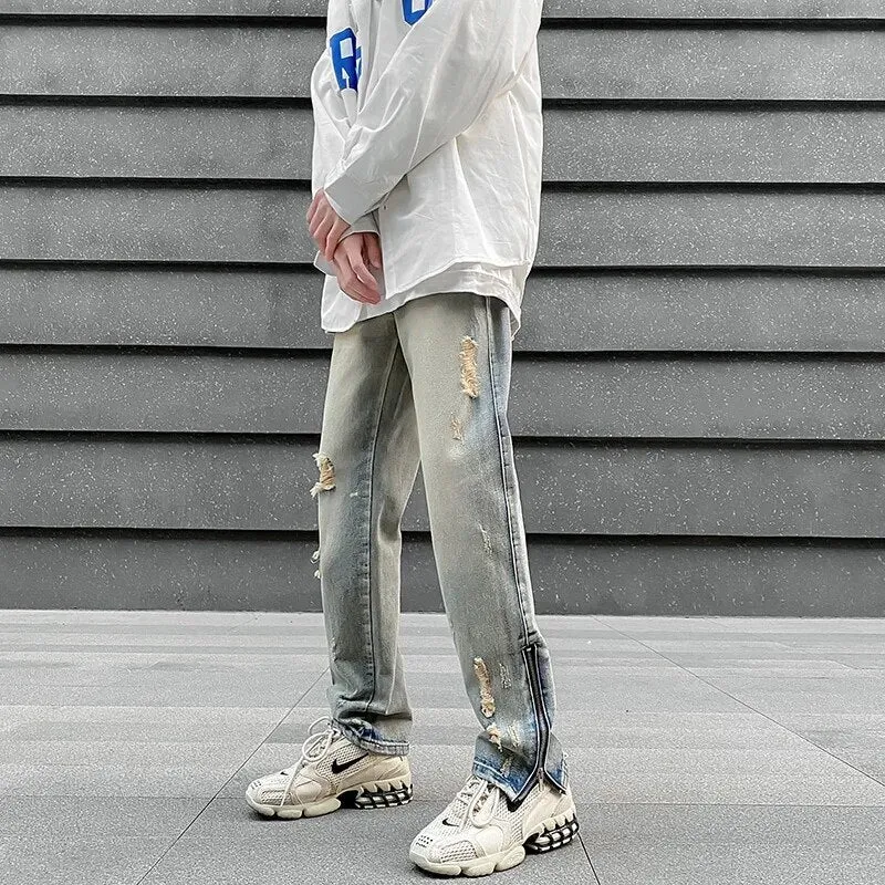 Wiaofellas High Street Hole Ripped Washed Vintage Men Hip Hop Jeans Trousers Kanye West Ankle Zipper Punk Distressed Male Denim Pants