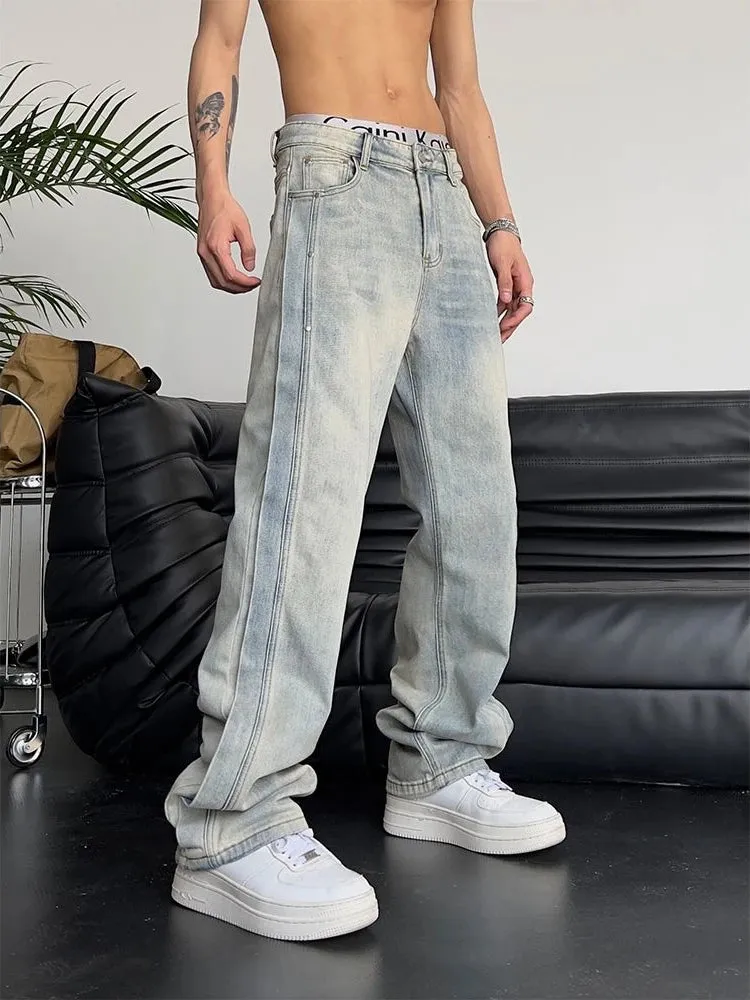 Wiaofellas  -  Jeans for Men Loose Light Blue Baggy Straight Man Cowboy Pants Punk Spliced Y2k Vintage Trousers Korean Autumn Trend Cotton