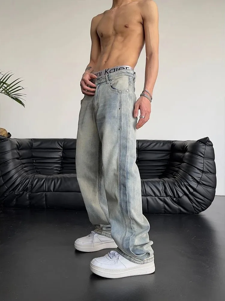 Wiaofellas  -  Jeans for Men Loose Light Blue Baggy Straight Man Cowboy Pants Punk Spliced Y2k Vintage Trousers Korean Autumn Trend Cotton