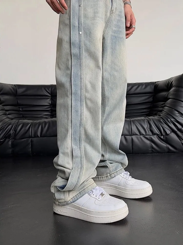 Wiaofellas  -  Jeans for Men Loose Light Blue Baggy Straight Man Cowboy Pants Punk Spliced Y2k Vintage Trousers Korean Autumn Trend Cotton