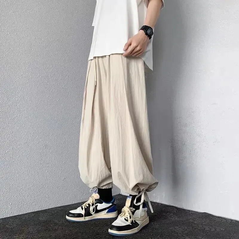 Wiaofellas  -  Men Drawstring Cuff Harem Loose Pants Japanese Yamamoto Harajuku Style Hip Hop Trousers Cargo Daily Punk Sport Cotton Thin Pants