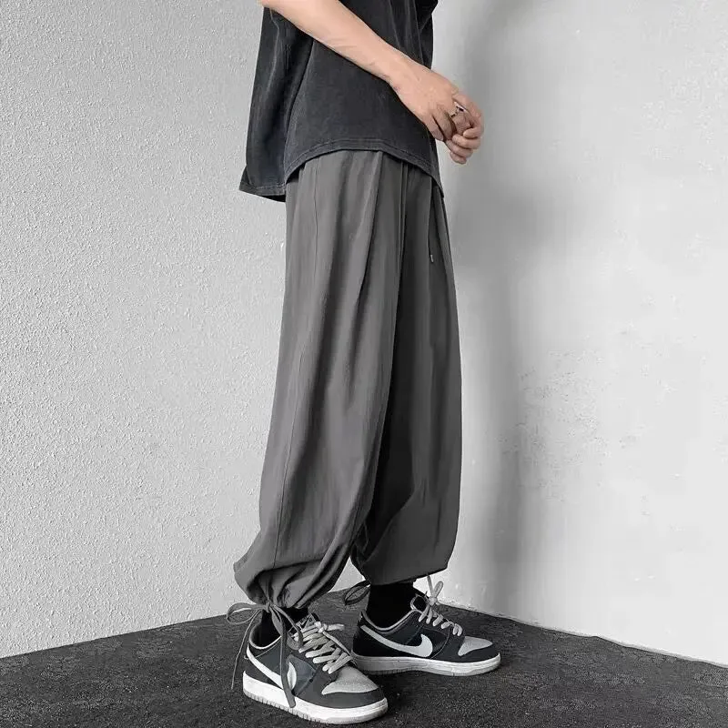 Wiaofellas  -  Men Drawstring Cuff Harem Loose Pants Japanese Yamamoto Harajuku Style Hip Hop Trousers Cargo Daily Punk Sport Cotton Thin Pants