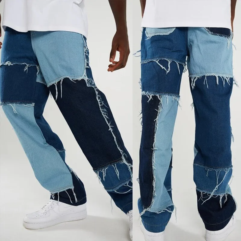 Wiaofellas Men Wash Patch Design Jeans Hip Hop Harajuku Punk Style Splicing Straight Pants Denim Jeans Loose Street Cotton Tassel Trousers