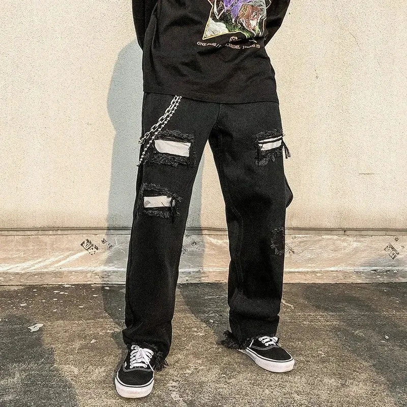 Wiaofellas New Arrivals Reflective Strip Hole Ripped Men Baggy Jeans Trousers Hip Hop Straight Punk Black Denim Pants Pantaloni Uomo