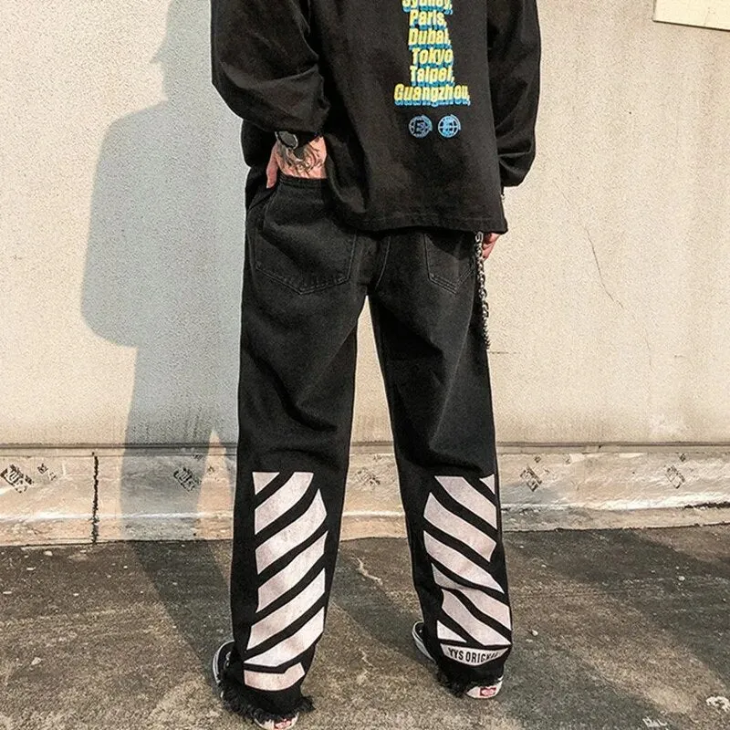 Wiaofellas New Arrivals Reflective Strip Hole Ripped Men Baggy Jeans Trousers Hip Hop Straight Punk Black Denim Pants Pantaloni Uomo