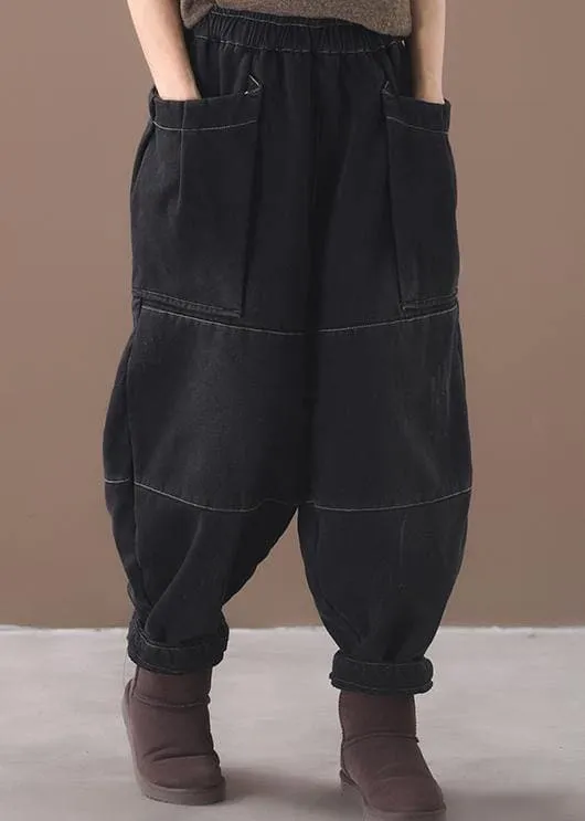 Winter black patchwork cotton pants two pockets thick denim pants