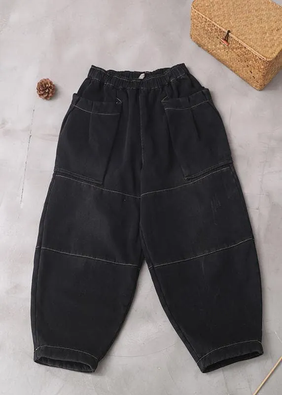 Winter black patchwork cotton pants two pockets thick denim pants