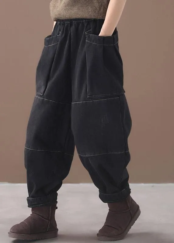 Winter black patchwork cotton pants two pockets thick denim pants