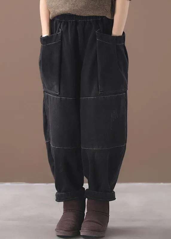 Winter black patchwork cotton pants two pockets thick denim pants