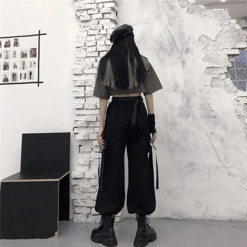 Wjczt Gothic Streetwear Women&#39;s Cargo Pants with Chain Punk Techwear Black Oversize Korean Fashion Wide Leg Trousers 2021 Alt