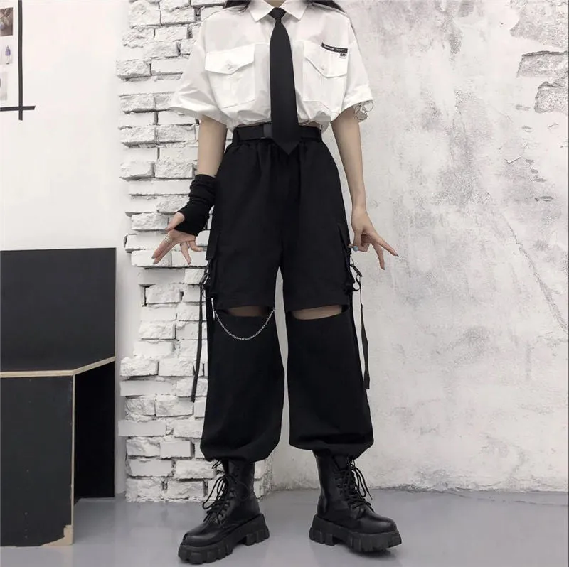 Wjczt Gothic Streetwear Women&#39;s Cargo Pants with Chain Punk Techwear Black Oversize Korean Fashion Wide Leg Trousers 2021 Alt