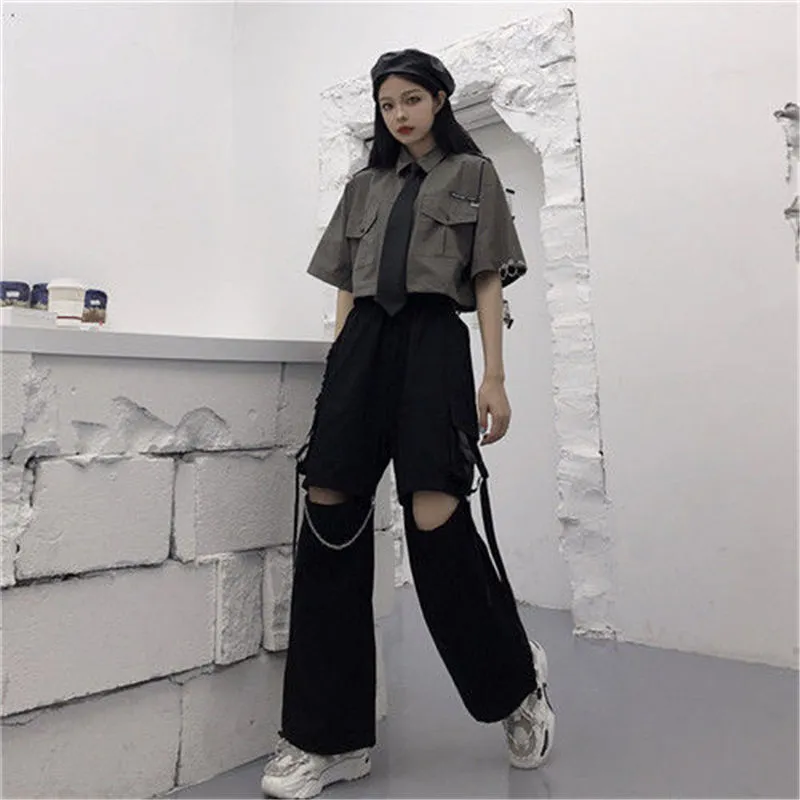 Wjczt Gothic Streetwear Women&#39;s Cargo Pants with Chain Punk Techwear Black Oversize Korean Fashion Wide Leg Trousers 2021 Alt