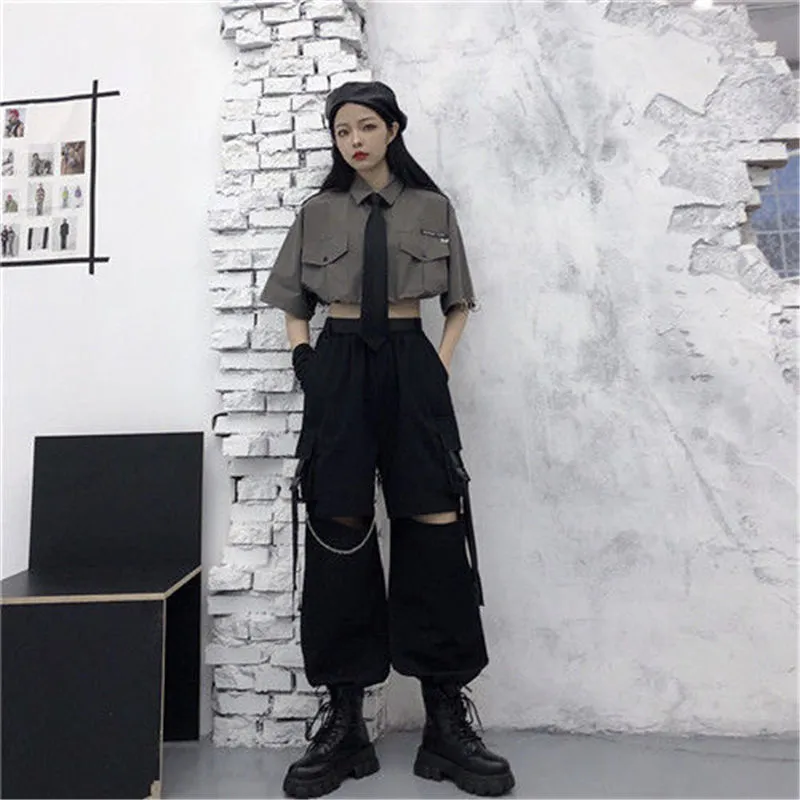 Wjczt Gothic Streetwear Women&#39;s Cargo Pants with Chain Punk Techwear Black Oversize Korean Fashion Wide Leg Trousers 2021 Alt