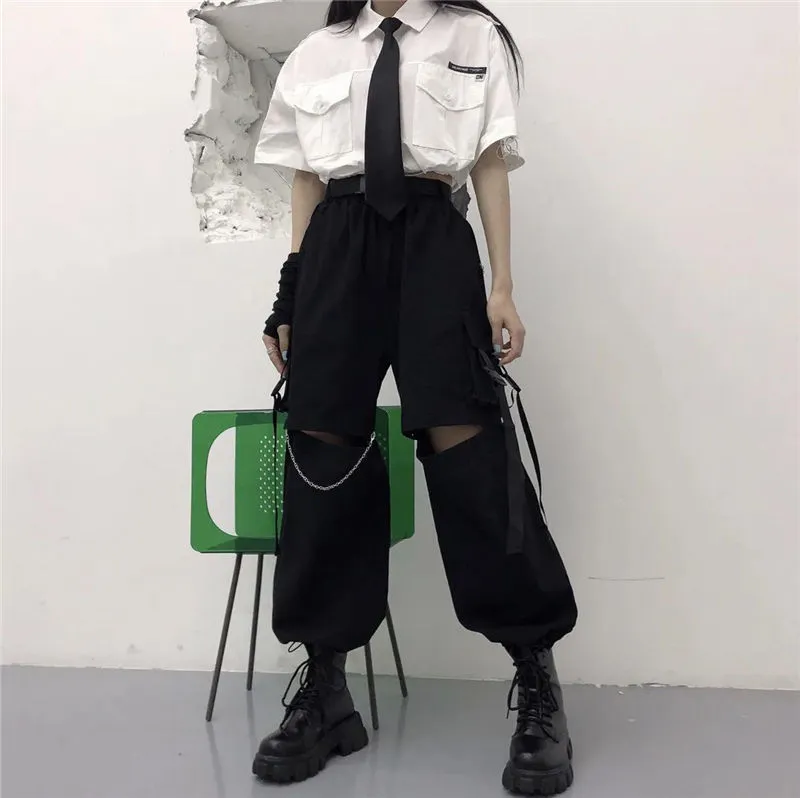 Wjczt Gothic Streetwear Women&#39;s Cargo Pants with Chain Punk Techwear Black Oversize Korean Fashion Wide Leg Trousers 2021 Alt