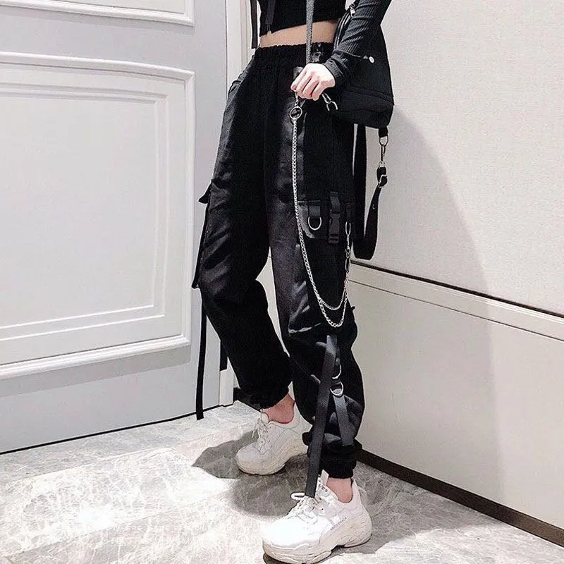 Wjczt Harajuku Black Streetwear Women Casual Pants Punk Harem Pants With Pockets Black Female Long Trousers Ribbon Ladies Pants