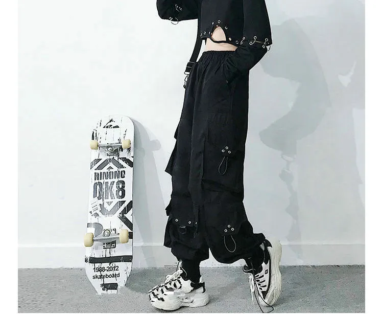 Wjczt Harajuku Black Streetwear Women Casual Pants Punk Harem Pants With Pockets Black Female Long Trousers Ribbon Ladies Pants