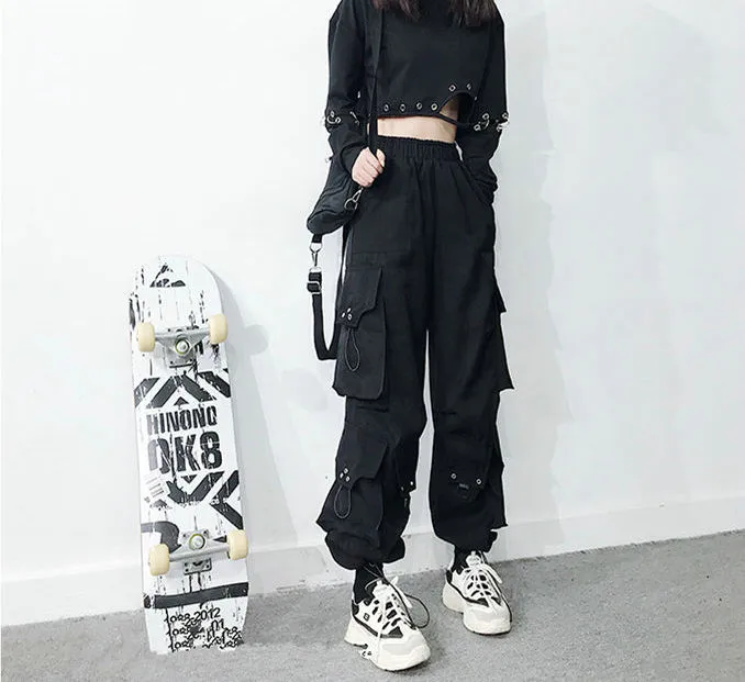 Wjczt Harajuku Black Streetwear Women Casual Pants Punk Harem Pants With Pockets Black Female Long Trousers Ribbon Ladies Pants