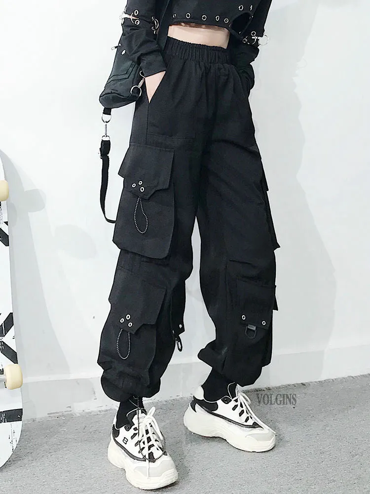 Wjczt Harajuku Black Streetwear Women Casual Pants Punk Harem Pants With Pockets Black Female Long Trousers Ribbon Ladies Pants