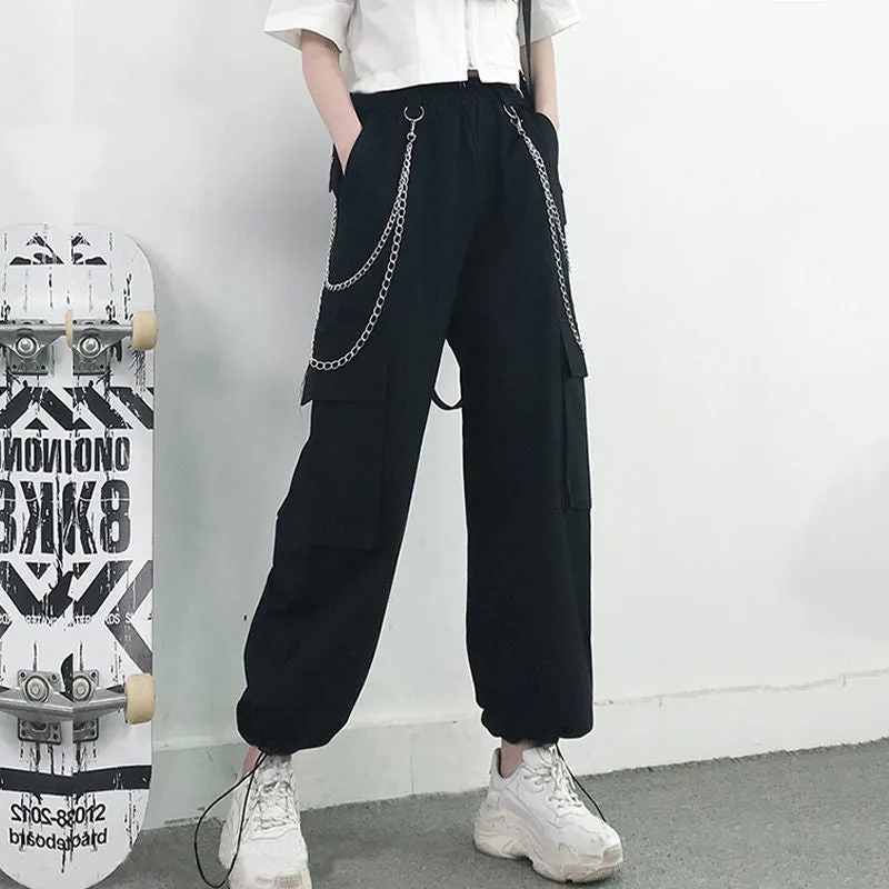 Wjczt Harajuku Black Streetwear Women Casual Pants Punk Harem Pants With Pockets Black Female Long Trousers Ribbon Ladies Pants