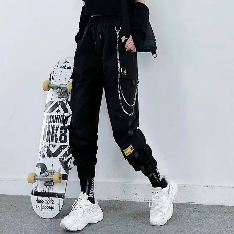 Wjczt Harajuku Black Streetwear Women Casual Pants Punk Harem Pants With Pockets Black Female Long Trousers Ribbon Ladies Pants