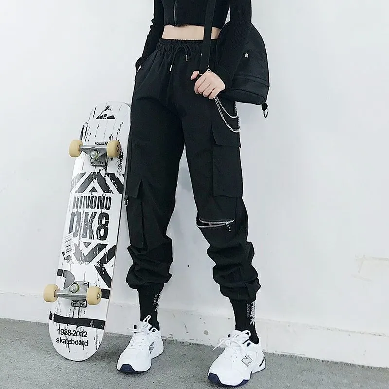 Wjczt Harajuku Black Streetwear Women Casual Pants Punk Harem Pants With Pockets Black Female Long Trousers Ribbon Ladies Pants