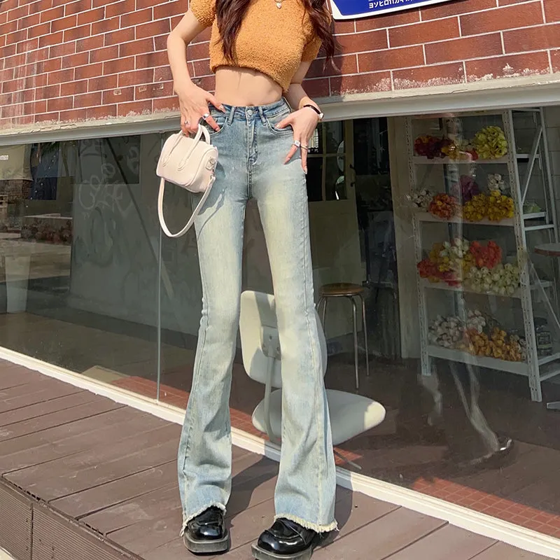 Wjczt Jeans Women Fashion Flare Jeans Tassel Baggy Denim Trousers High Waist Loose Elasticity Korean Style Street Femme Pants