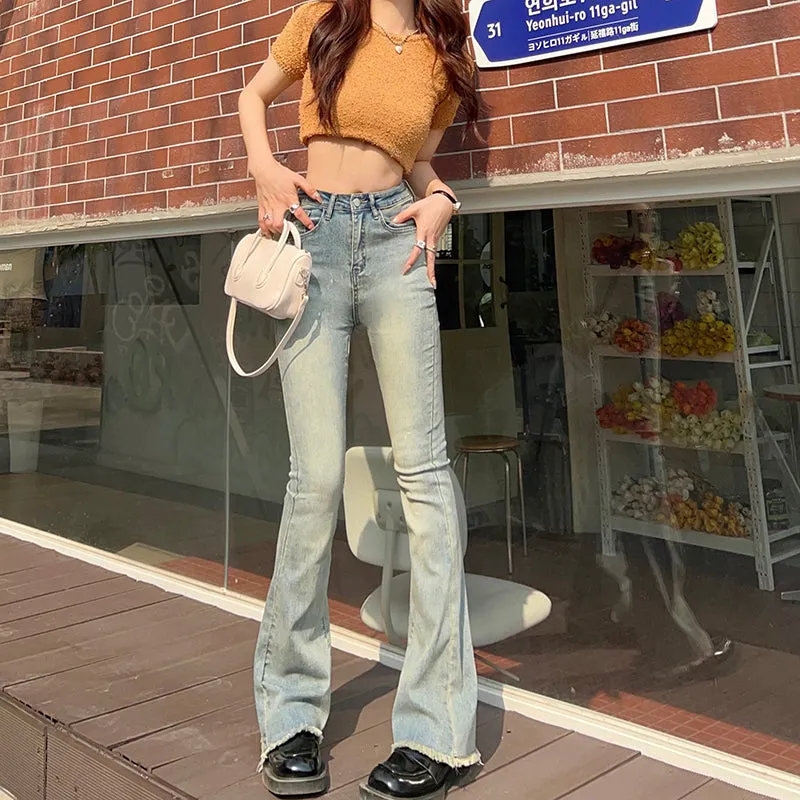 Wjczt Jeans Women Fashion Flare Jeans Tassel Baggy Denim Trousers High Waist Loose Elasticity Korean Style Street Femme Pants