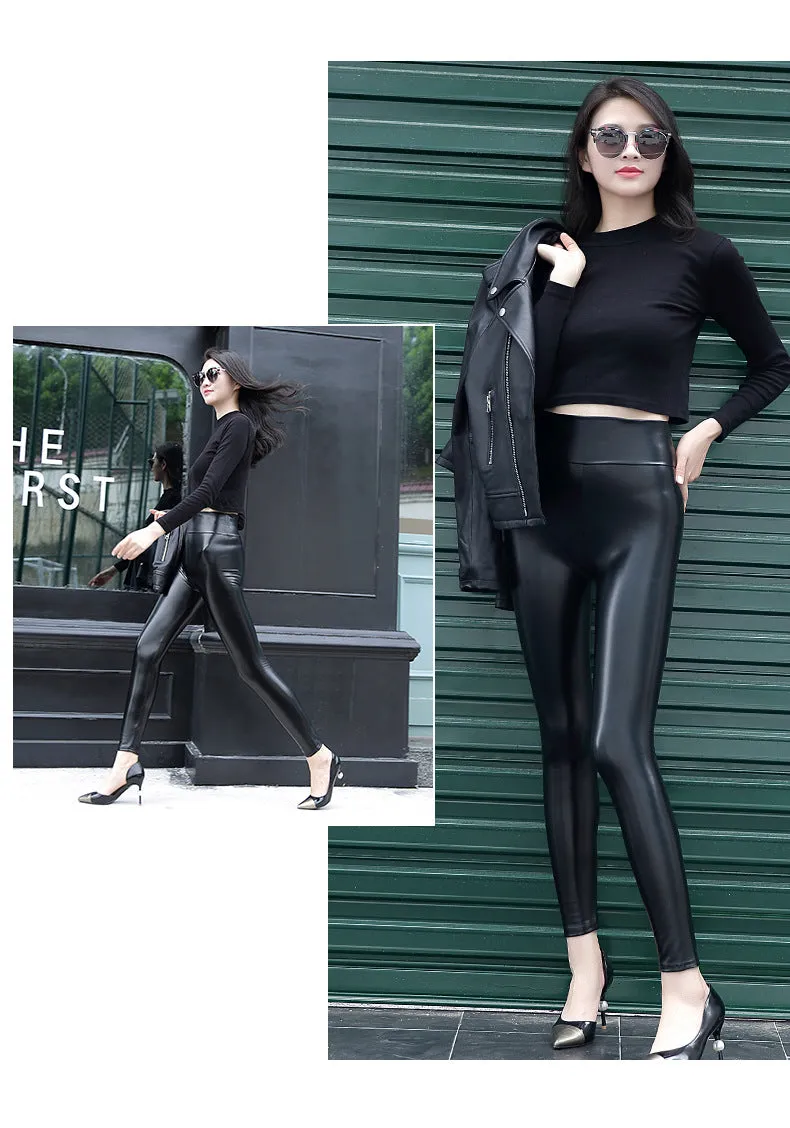 Wjczt TO BN Women Leather Trousers Sexy Tights High Waist Elastic Black Fashion Light&amp;Matt Punk Skinny Fitness Pants Female Leggin