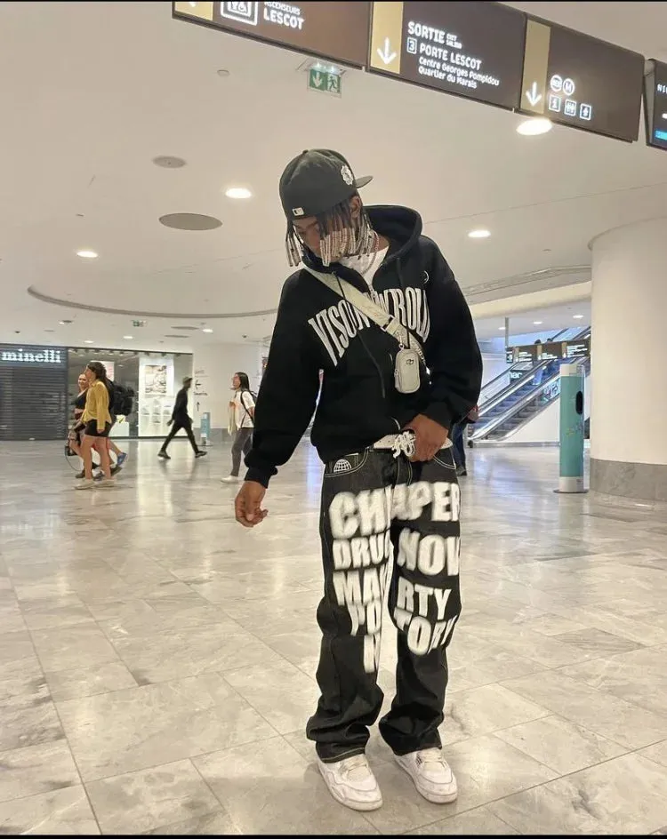 Wjczt  Y2k Jeans Hip Hop Letter Printed Black Pants Men Women 2025 New Trend Fashion Punk Loose Straight Wide Leg Trousers Streetwear