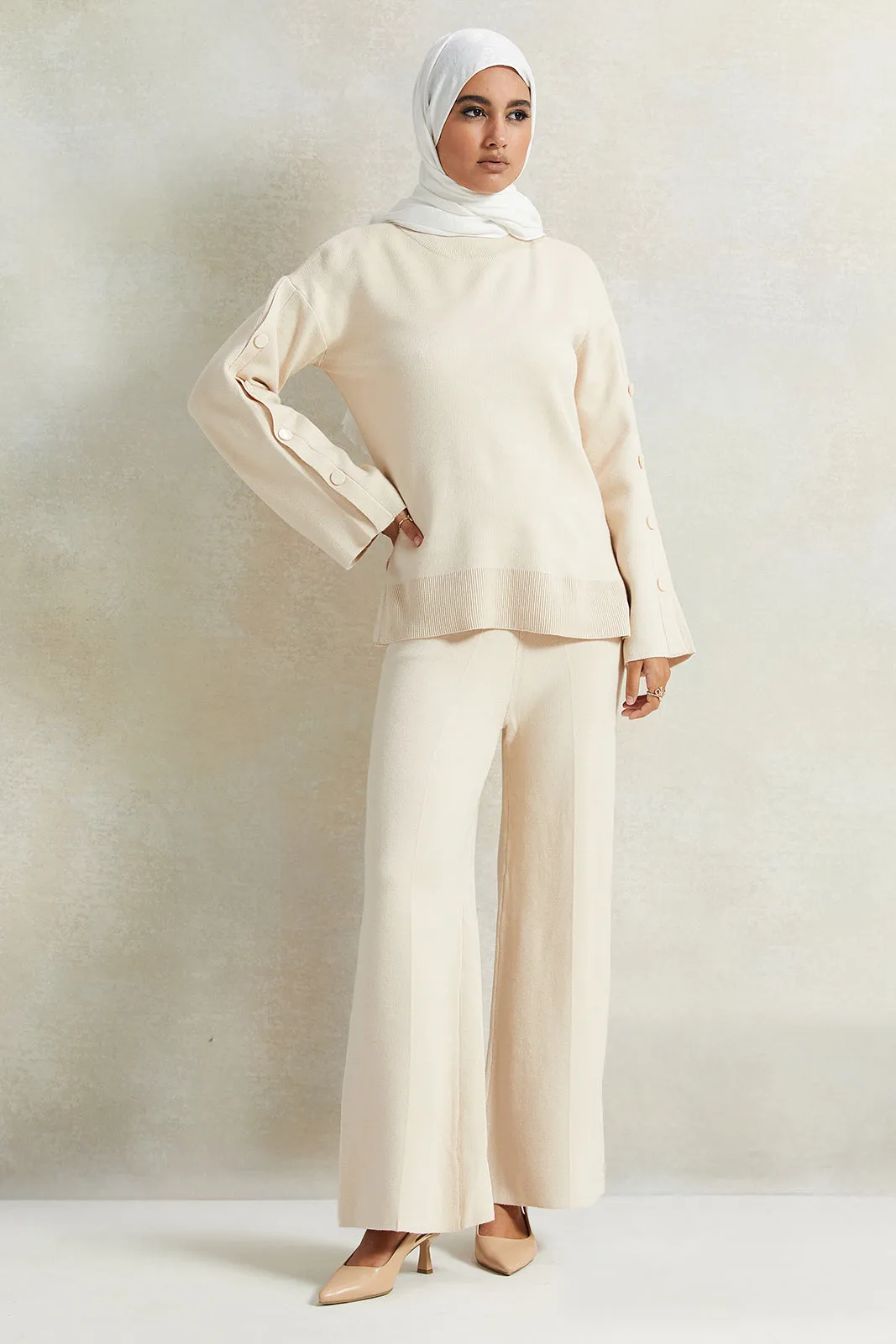 Women Beige Wide Leg Knit Trouser