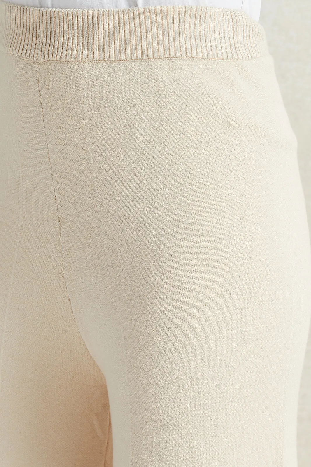 Women Beige Wide Leg Knit Trouser