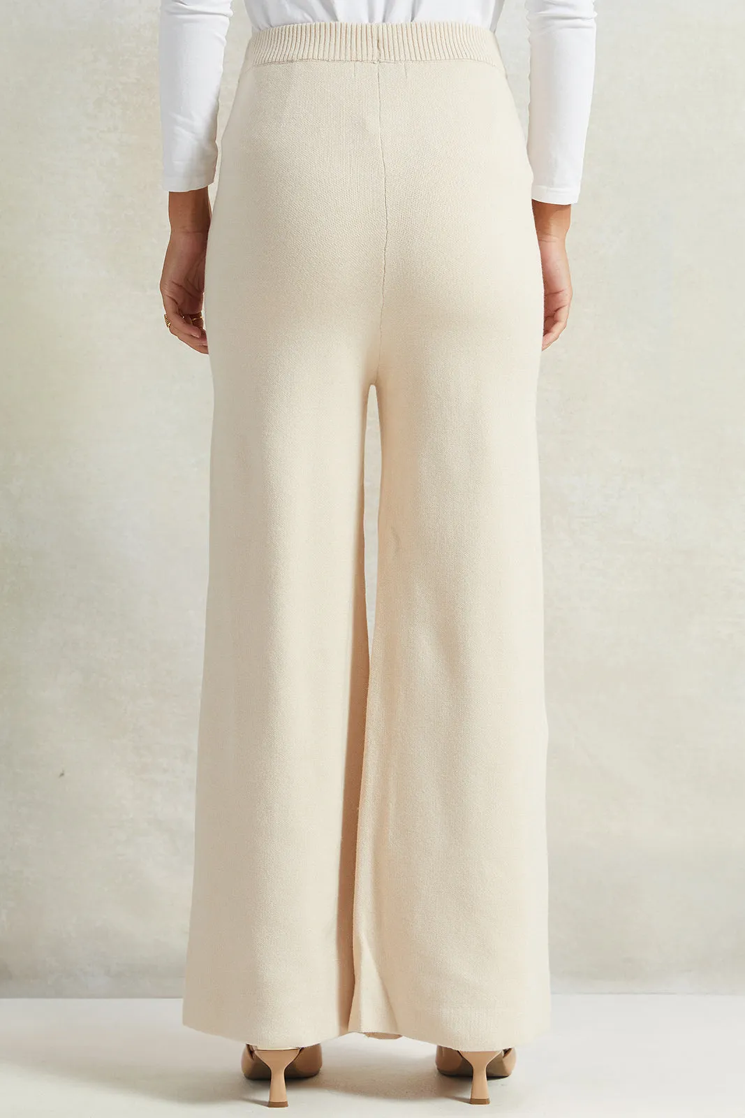 Women Beige Wide Leg Knit Trouser