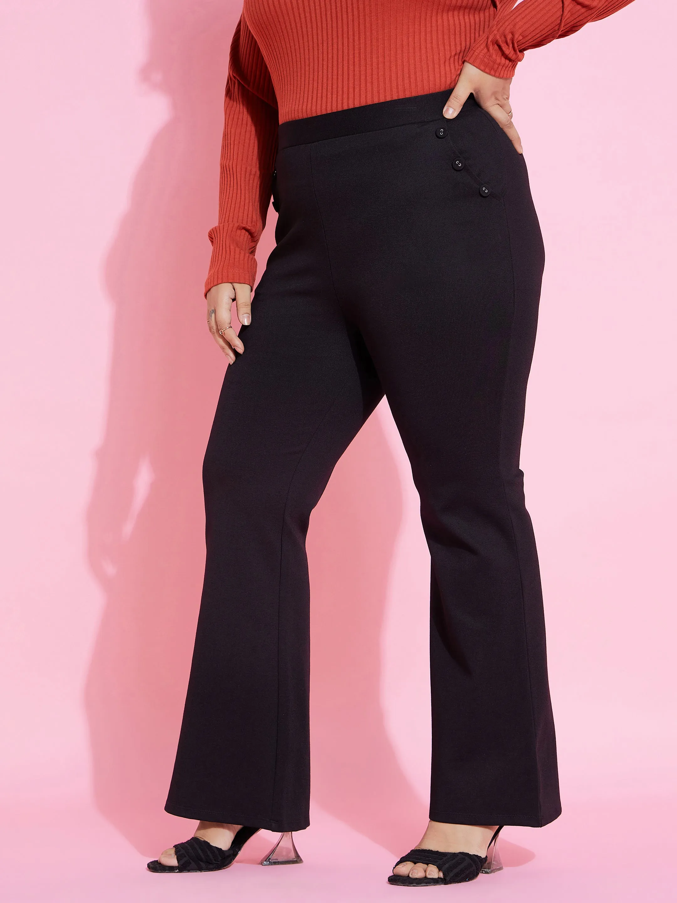 Women Black Pocket Button Bell Bottom Trousers