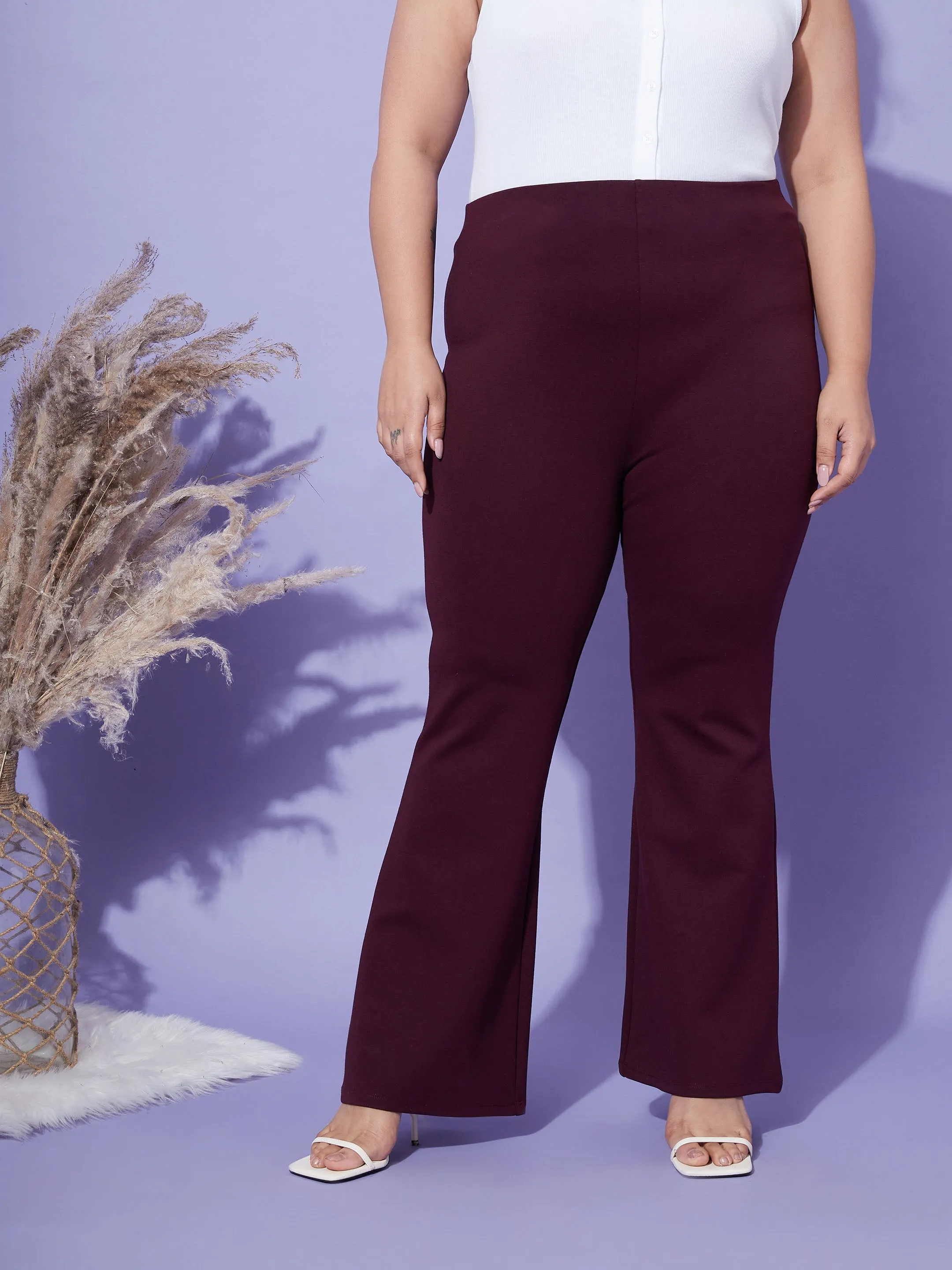 Women Burgundy Bell Bottom 4-Way Stretch Trousers